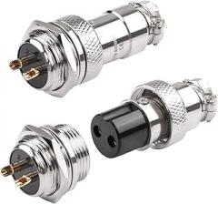 QIANRENON Gold Plated GX16 Aviation Plug Connector GX16 2Pin Male Bulkhead Mount Airline Plug GX16 2Pin Female Round Adapter 16mm Socket 400V/7A, for Electrical Electronic Equipment, 2Pcs