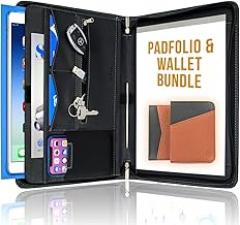 STYLIO Zippered Padfolio Binder (Black) and Slim Leather Wallet (Brown) Bundle. Perfect for Documents, iPad/Tablet, Notepad, Business Cards, IDs and Bills. Great Gift Bundle.