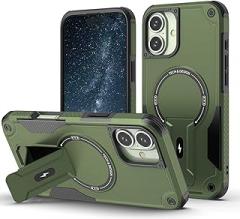 with Kickstand Holder Cell Phone Case For iPhone 16 Plus Support Magnetic Charging Dual Layer TPU Bumper Anti-Knock Cover Heavy Duty Protection,Horizontal and Vertical Standing,6 Colors (Green)