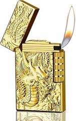 Dragon Relief Design, Side Wheel Frosted Lighter, refillable Butane, Soft Flame Lighter, flip, Outdoor, Camping, Men's Gift（Free of Butane Gas） (Dragon)