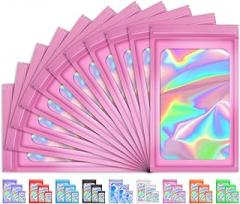 100 PCS Mylar Holographic Bags, Smell Proof Bags, Clear Resealable Bags, Valentines Day Decorations Gift Baggies for Bracelet, Lipgloss, Eyelash, Jewelry Packaging | Pink, 2.4x3.9 Inch