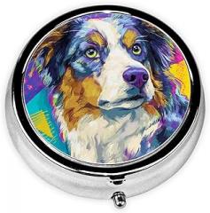 Pet Australian Shepherd Dog Rainbow Animal Round Pill Case, Portable Pill Box for Pocket Metal Medicine Vitamin Organizer 3 Compartment Three Times A Day