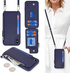 Cavor for iPhone X Wallet Case with Card Holder for Women, for iPhone Xs Case with Strap,Crossbody Lanyard and Wristlet Zipper Pocket Phone Cover-Blue