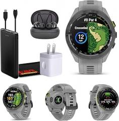 Garmin Approach S70 42MM Gray- Fitness Tracker Golf GPS Premium Smartwatch for Men, Lightweight Touchscreen AMOLED Display and Pre-Loaded Courses Bundle with Air Pro TWS Truly Wireless Earbuds -