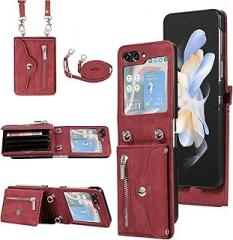 Asuwish Phone Case for Samsung Galaxy Z Flip 5 5G Wallet Cover with Shoulder Crossbody Strap Lanyard Credit Slot Card Holder Stand Leather Mobile Cell Accessories ZFlip5 Z5 Flip5 Women Men Girls Red