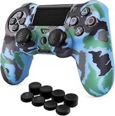 TNP for PS4 Controller Skin Cover Case - Camo Protective Soft Silicone Gel Rubber Shell & Anti-Slip Thumb Grip Caps Compatible with PlayStation Slim/Pro Controller (Camo Blue)
