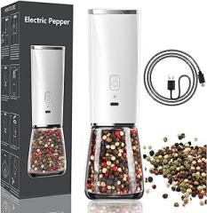 Gravity USB Rechargeable Electric Salt and Pepper Grinder Set with LED Lights,Automatic Salt Pepper Mill,5 Levels Adjustable Coarseness High Strength Motor Electronic Mill Shakers(White)