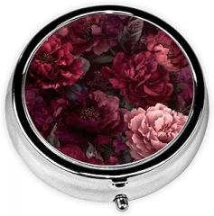 Deep Burgundy Flower Round Pill Case, Portable Pill Box for Pocket Metal Medicine Vitamin Organizer 3 Compartment Three Times A Day