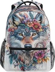 senya School Backpack Bookbags Travel Schoolbag Bohemia Wolf with Feather Flower for Teens Girls Boys