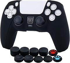 Silicone Cover Skin Case for PS5 Controller x 1(Black) with Thumb Grips x 10
