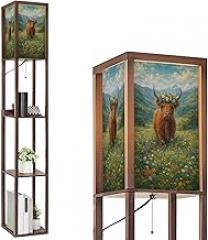 Floor Lamp with Shelves Highland Cow Flower Crown Colorful Wildflower Meadow Painterly Standing Tall Lamp USB Ports & Power Outlet Modern Corner Lamp Nightstand Light for Living Room Bedroom