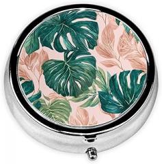 Monstera Tropical Leaf Mandala Round Pill Case, Portable Pill Box for Pocket Metal Medicine Vitamin Organizer 3 Compartment Three Times A Day