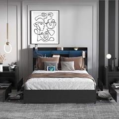 Black Full Size Bed Frame with Wooden Headboard and 4 Storage Drawers, Modern Metal Platform Bed with LED Light and Charging Station, No Box Spring Needed (Black., Full)