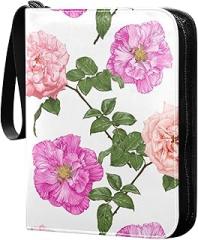 Pink Rose-flowers Print 400 Pocket Card Collection Binder, PU Waterproof Wear-resistant Trading Card Binder with Zip for Collectible Boys Girls Game Sports Cards MTG TCG