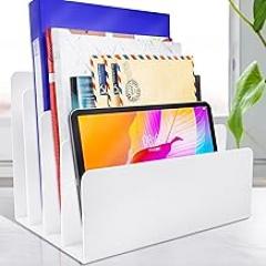 White Acrylic File Organizer - 4 Sections Desk Holder Sorter for Office Supplies, Electronics, Notebooks and Mail
