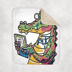 3dRose Funny Cool Alligator Reading with Electronic Reader Book Graffiti Sherpa Lined Blanket