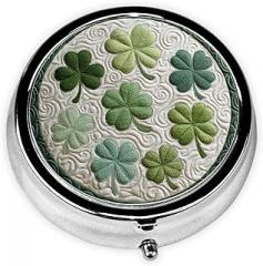 Embroidered-Style Shamrocks and Clover Leaves Round Pill Case, Portable Pill Box for Pocket Metal Medicine Vitamin Organizer 3 Compartment Three Times A Day