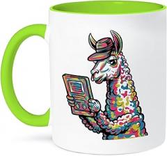 3dRose, Funny Cool Llama Reading with electronic reader Book Graffiti Abstract, 11oz Two-Tone Green Mug