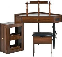 All-in-One Vanity Desk Set with Storage, Charging Station, and Glass Tabletop(Walnut)
