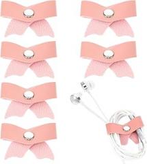 6 Pcs Cord Organizer, Leather Pink Bow Cord Keeper Cable Organizer USB Holder Reusable Multipurpose Cables Management Strap for Earphone, Phone Charging Cords, Electronics