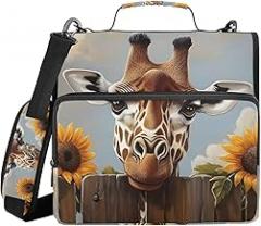 Zipper Binder Giraffe Fence Sunflower - 1.5” D-Rings, Shoulder Strap, 500 Sheet Capacity, Multiple Pockets & Storage Organizer, Compatible with 13” Laptop Tablet