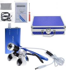 Binocular Loupes 2.5X 420mm Adjustable Distance Optical Glass with White LED Headlight Headlamp Aluminum Box (Blue)