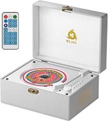 KLIM Retro CD Player – Vintage Style CD Player with Speakers, Bluetooth Receiver, AUX, USB, Rechargeable Battery, Mini Record Player Look, Small Cute CD Music Box for Home Decor - White