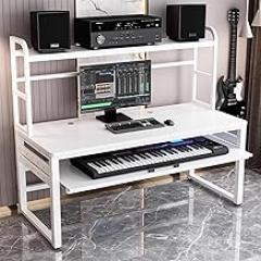 Music Studio Desk Workstation with Keyboard Tray, Organized Wiring & Keyboard Shelf Workbench Electronic Piano Midi Keyboard Music Production Recording Studio(White,55in)