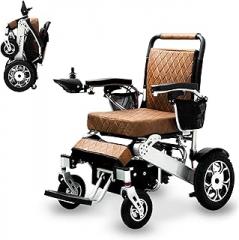 Alton Wolf Brown Leather Lightweight Foldable Electric Wheelchair, 2x250w Motor Electric Wheelchairs for Adults - Travel/user Friendly Electric Wheelchairs for Seniors, Long Range Motorized Wheelchair