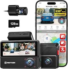 REDTIGER 530° Dash Cam 3 Channel, 2.5K+2.5K+1080P Triple Car Camera with 128GB Card, IR Night Vision, Touch Screen, Dashcam for Front Inside Rear Included WiFi GPS, 24H Parking Mode