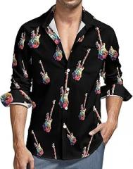 Generic Colorful Electronic Guitar Novelty Men's Long Sleeve Shirts Casual Button Down Shirt Blouse Tops