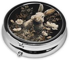Vintage Floral Rabbit Dark Academia Round Pill Case, Portable Pill Box for Pocket Metal Medicine Vitamin Organizer 3 Compartment Three Times A Day