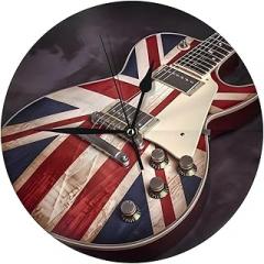 Guitar British Flag Print Round Wall Clock Stylish and Silent Non-Ticking Electronic Clock for Home & Office Decor