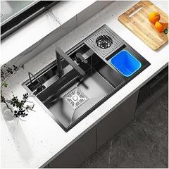 Stainless Steel Invisible Kitchen Sink with Cover Plate Cup Washer Vegetable Washing Basin with Trash Can Large Single Slot(7546 A)