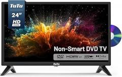 TuTu 24 Inch TV with DVD Player Built-in, 720P HD LED Small Flat Screen TV with 3 HDMI, USB, Optical VGA, Non-Smart TV or Monitor for Kitchen, Room, Basement, or RV Camper