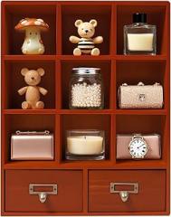 Wooden Shadow Box Shelf, 9 Grid Two Drawers Table Top Display Organizer, Vintage Wooden Cabinet for Home, Office Decor