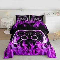 Castle Fairy Gamepad Bedding Sets Toddler Size,3D Purple Flame Comforter Set 2Pcs for Kids Girls Boys Women Room Decor,Video Games Quilted Duvet Modern Cool Down Comforter,1 Pillowcase