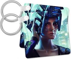 3dRose Fantasy woman cyborg in an electronic helmet. Digital art gift, charm, Key Chain