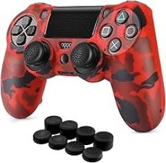 TNP for PS4 Controller Skin Cover Case - Camo Protective Soft Silicone Gel Rubber Shell & Anti-Slip Thumb Grip Caps Compatible with PlayStation Slim/Pro Controller (Camo Red)