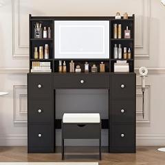 Vanity Desk with Mirror & LED Lights, Built-in Power Outlet, Dimmable LED Lighting, 7 Drawers & 7 Storage Compartments, Includes Padded Stool – Ideal Table for Bedroom Dressing Room (Black)