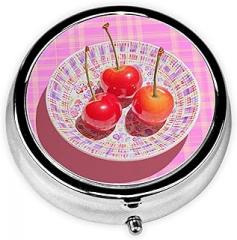 Three Cherries in A Plate Round Pill Case, Portable Pill Box for Pocket Metal Medicine Vitamin Organizer 3 Compartment Three Times A Day