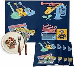 Placemats Set of 1, Musical Instruments Cotton Linen Place Mats, Guitars Electronic Keyboard Navy Blue Washable Table Mats for Kitchen Holiday Dining Table Decor