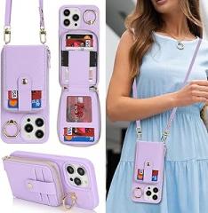 for iPhone 13 Pro Max Wallet Case with Card Holder for Women,for iPhone 12 Pro Max Crsosbody Case with Strap Lanyard,Zipper Stand Ring Phone Cover with Coin Pocket-Purple
