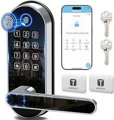 Bluetooth Fingerprint Smart Lock with Handle & Keypad – Fits Most US Doors, DIY Install, Keyless Entry: Code, FOB, Auto-Lock. Ideal for Home, Airbnb, Rental, Kids, Seniors. Alexa & Google Compatible