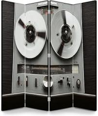 4 Panels Room Divider Screen Reel to Reel Tape Recorder Playing Rotating Vintage Music Player Close Wood Folding Privacy Screen Partition Canvas Wall Divider Freestanding Portable Indoor Separator
