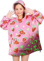 Strawberry Wearable Blanket Hoodie - Oversized Pink Blanket Sweater Strawberry Glow in the Dark Blankets with Giant Pockets and Sleeves, Birthday Gifts for 6-12 Year Old