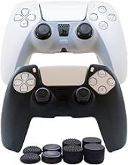 Hikfly Silicone Cover Compatible with PS5 Controller Skin Compatible with PlayStation 5 Controller Grips Protector Sleeve Kits Video Games Pack 2 with FPS Pro Thumb Grips Caps Set(Black,White)