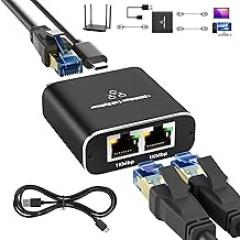 Ethernet Splitter 1 to 2 Out Adapter, High Speed RJ45 Splitter with USB Power Cable, Gigabit LAN Internet Distributor 1 to 2 Connector, 1000Mbps for Cat5/5e/6/7/8, 2 RJ45 Simultaneously Networking