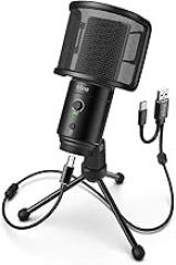 FIFINE USB Desktop PC Microphone with Pop Filter for Computer and Mac, Studio Condenser Mic with Gain Knob Mute Button Headphone Jack for Gaming Streaming Recording YouTube, Extra USB-C Plug-K683A