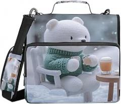 Bear Penguin Cute Zipper Binder - 1.5” D-Rings, Shoulder Strap, 500 Sheet Capacity, Multiple Pockets & Storage Organizer, Compatible with 13” Laptop Tablet